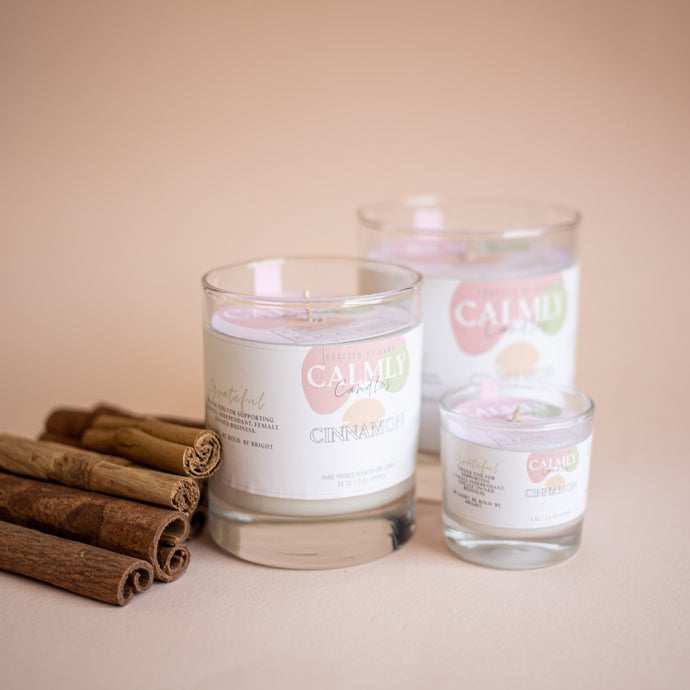 Calmly candles crafted by hand soy wax fragrance candles. Cinnamon scented soy candles in 3 sizes, 30cl, 20cl and 4cl. Hand poured in Surrey, UK. Vegan and cruelty free. 100% cotton wick. 